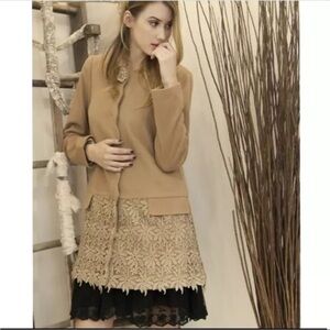 A'reve handmade flower lace trim long peacoat taupe size Large